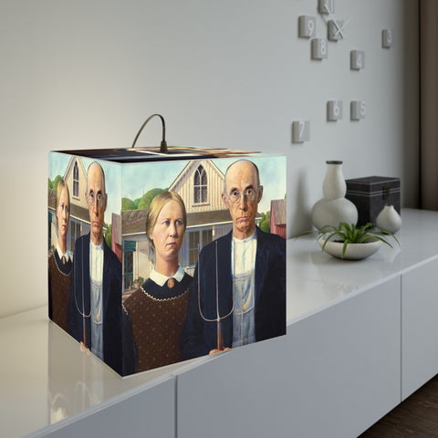 Art Decor Cube Lamp Featuring The American Gothic by Grant Wood