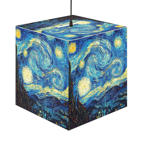 Close-up of Starry Night design on LED cube lamp – high-definition art detail by Van Gogh”