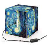 Top view of Van Gogh Starry Night Cube Lamp illuminated – ambient lighting for bedrooms and artistic interiors