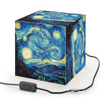Buttom view of Van Gogh Starry Night Cube Lamp styled on bedside table – elegant art décor for home