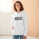 brunette wearing super driven legend  white motivational  eco-friendly hoodie  