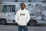 guy in front of a bus with graffiti wearing super driven lengend white motivational eco-friendly hoodie 