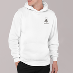 Man in super driven  bee focused arctic white hoodie looking sideways 