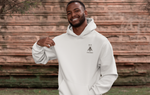 Smiling man wearing super driven bee focuesd arctic white hoodie