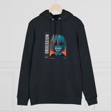 black super driven obsession eco-friendly motivational hoodie with a crazy possesed manga character on a hanger 
