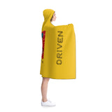 super driven world  unique motivational hooded blanket with anime cartoon character right side view  in a white 