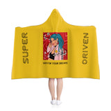 Super Driven World unique motivational yellow hooded blanket in a white background  with an anime character in it 