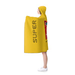 Super driven world unique motivational yellow hooded blanket  with an anime cartoon character left side view  in a white background