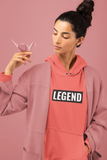 Woman holding an oragami wearing super driven legend sunset motivational eco-friendly hoodie