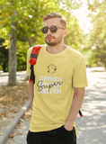blonde haired man with sunglasses wearing yellow super driven  signature unique motivational t-shirt a great gift for entrepreneurs 