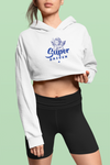 woman in black tight shorts shows off her abs in her white super driven smoking cherub motivational crop hoodie