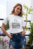 pretty blonde girl with a coy smile wearing white super driven signature unique  motivational t-shirt a great npresent for entrepreneurs 