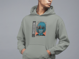 guy in a grey background wearing super driven obession motivational hoodie with a crazy manga cartoon character on it