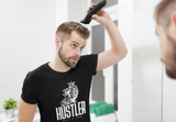 man cutting his hair in front of  a mirror in his black super driven hustlers state of mind  unique motivational  t-shirt a great present for entrepreneurs