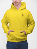 Man wearing  super driven bee focused  sun yellow hoodie in a  white background