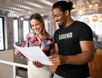 man reviewing plans with his colleague in his super driven black legend unique motivational t-shirt which is a great present for entrepreneurs 