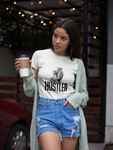 pretty woman wearing white super driven hustler state of mind  unique motivational t-shirt  a great present for entrepreneurs