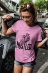 woman with short hair wearing a pink  hustler state of mind unique motivational t-shirt a great present for entrepreneurs 