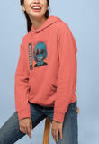 girl smiling in a blue  background and sitting on a stool wearing super driven obsession eco-friendly motivational hoodie 