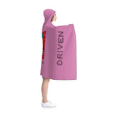 super driven world motivational purple hooded blanket  from the right side view in a white background with a girl looking serious 