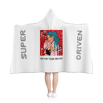 super driven world motivational  white hooded blanket back view in a white background 