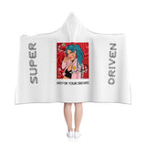 super driven world motivational  white hooded blanket back view in a white background 