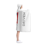 super driven world  unique motivational white hooded blanket  from the right hand side in a white backround 