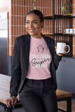 woman in an office wearing  a pink super driven signature  unique motivational t-shirt  a great present for entrepreneurs 