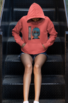 girl on a black staircase in jean shorts with her head faced down wearing super driven sunset orange obession motivational hoodie 